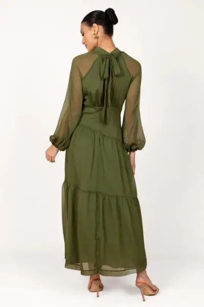 olive sheer sleeved maxi dress