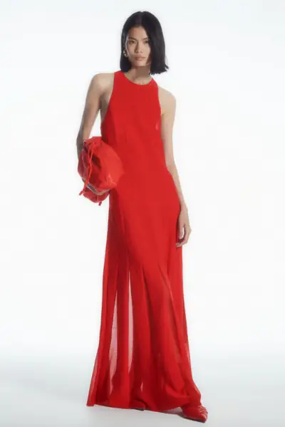 red racer neck maxi dress with sheer panels