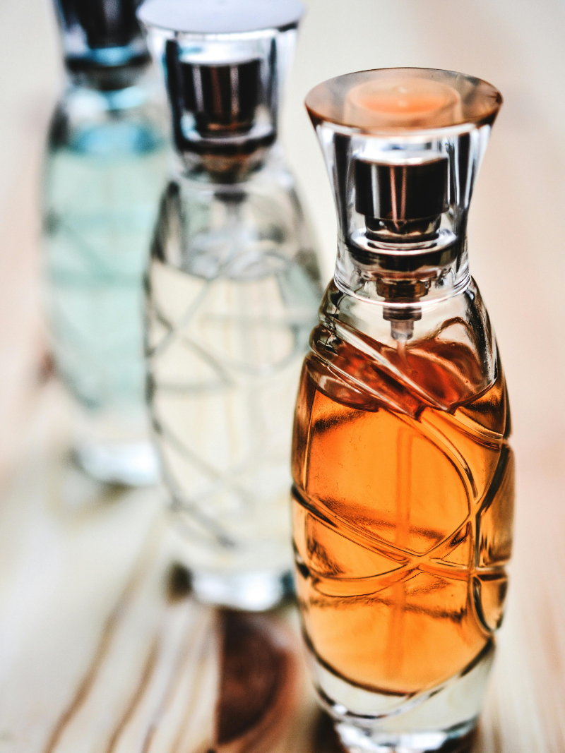 perfume collection of ornate glass bottles