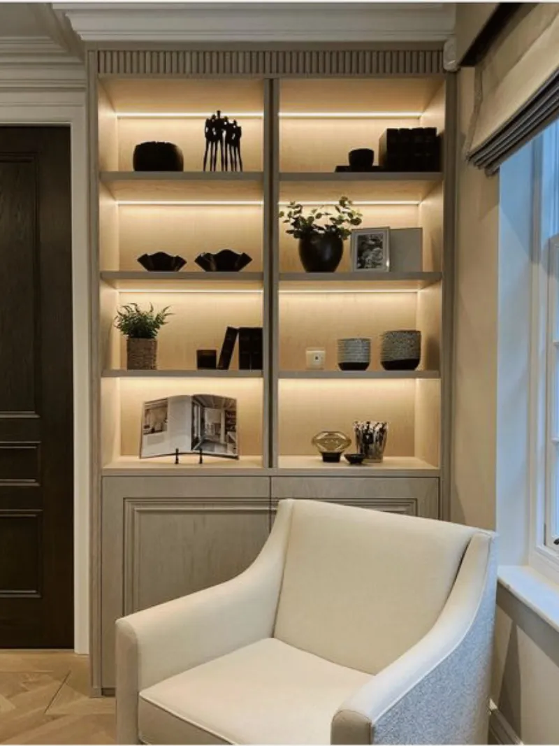 neutral bookshelf decor