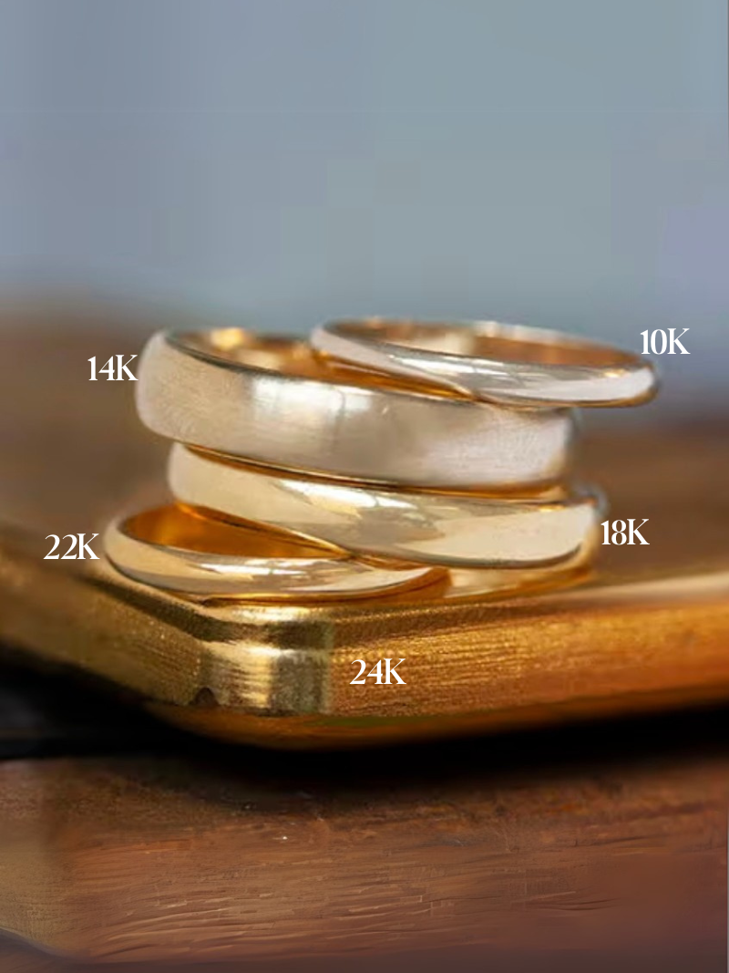 10k vs 14k vs 18k vs 22k vs 24k gold rings stacked on each other